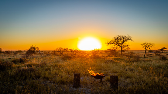 A beautiful african sunset, Onguma Game Reserve ( Neighbour of Etosha National Park), Namibia.  Horizontal.