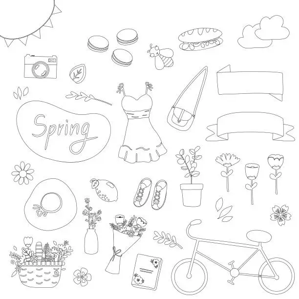 Vector illustration of hand drawn vector flat illustration set of monochrome line spring season holiday. Cute elements doodle collection in flat style. for poster, card, invitation, graphic resource, social media, print