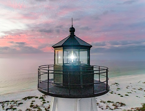 Gasparilla Island, Boca Grande, Lighthouse, lantern Room, light,  Fresnel lens, blue hour, moody skies, Lee County