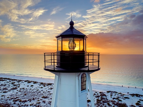 Gasparilla Island, Boca Grande, Lighthouse, lantern Room, light,  Fresnel lens, golden hour, moody skies, Lee County
