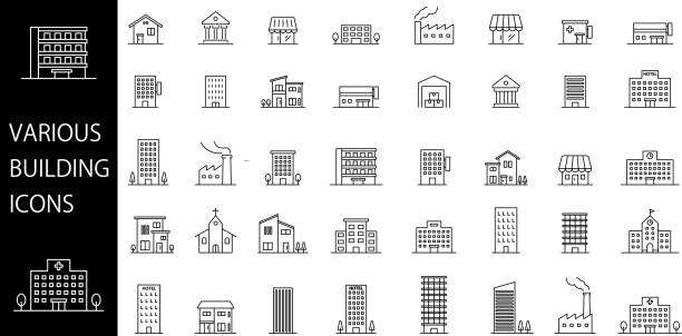 stockillustraties, clipart, cartoons en iconen met vector monochrome set of various types of building icons - gebouw-exterieur