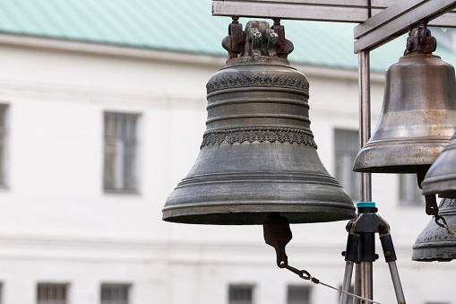 Bells of the church. Big ringing bells, bell chime, belfry