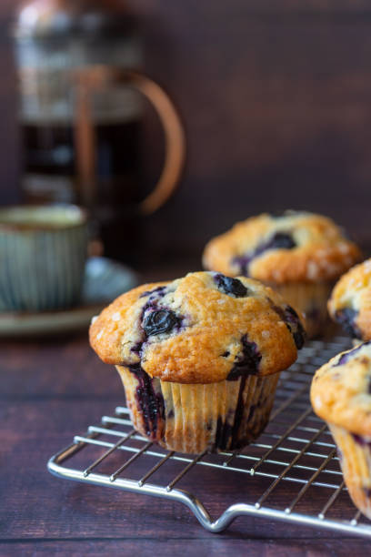 homemade blueberry muffins. - coffee muffin pastry blueberry muffin fotografías e imágenes de stock