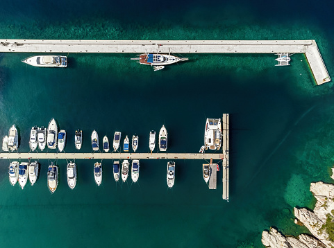 Aerial view of marina with sailboats and yachts in Novi Vinodolski, Croatia