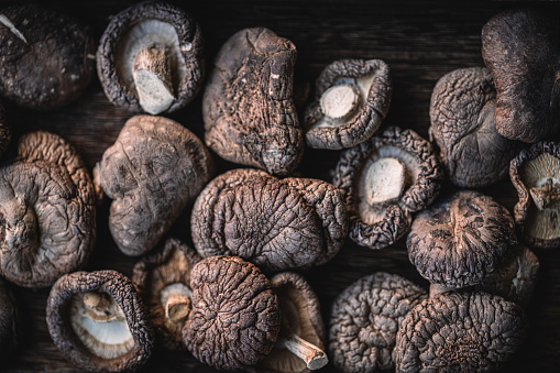 Collection of dried mushrooms in wooden box