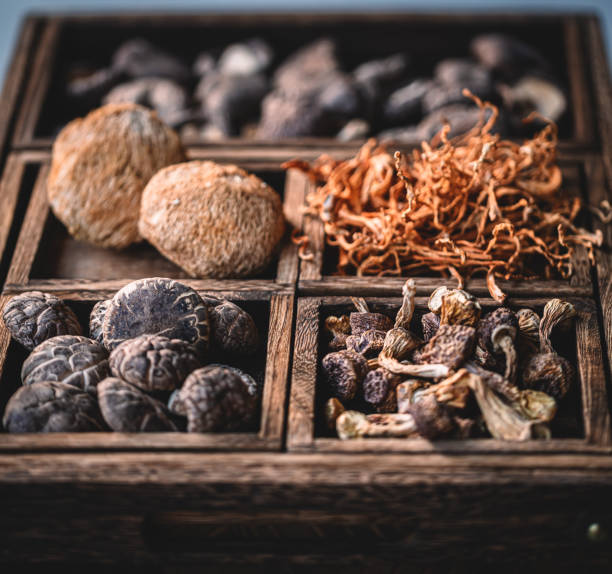 istock Dried mushrooms in wooden box 1967541979