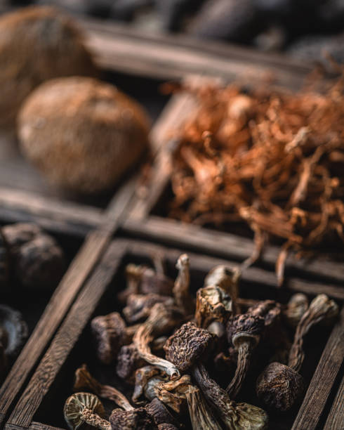 istock Dried mushrooms in wooden box 1967543333