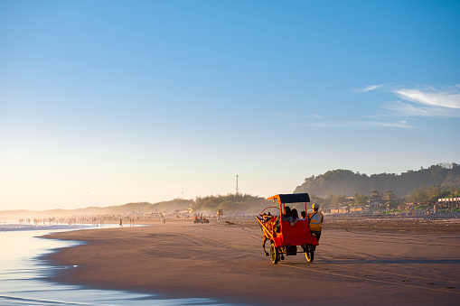 The bendi, a traditional single horse carriage rented to tourists to transport from shore to shore at Parangtritis Beach, Yogyakarta. A local transportation when sunset view in the beach.