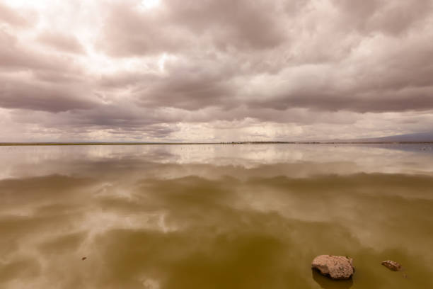 dramatic sky reflect in the smooth water surface of a lake in Amboseli NP