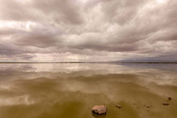 dramatic sky reflect in the smooth water surface of a lake in Amboseli NP