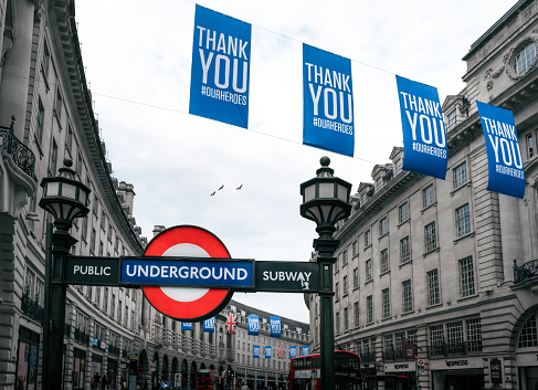 London - 08 August 2020 - Piccadilly Underground Tube Station with NHS Thank You Banners Post Lockdown in London, UK