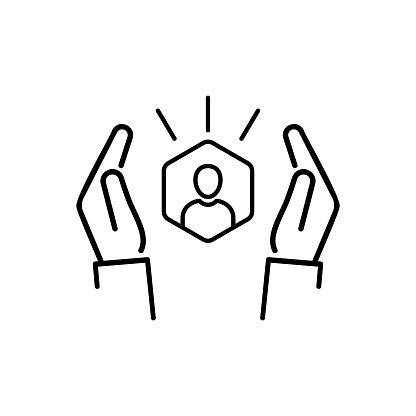customer care icon with thin line hands. simple linear trend human resource logotype graphic stroke design. concept of individual people choice or good feedback and narrow control or search talent