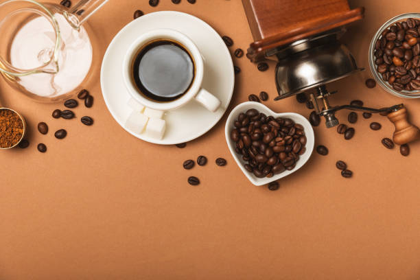 Ingredients for making coffee. Different ways to make coffee geyser moka maker,turkish coffee pots (cezve). Coffee making concept with milk, cinnamon and star anise. Flat Lay. Top view. Copy space
