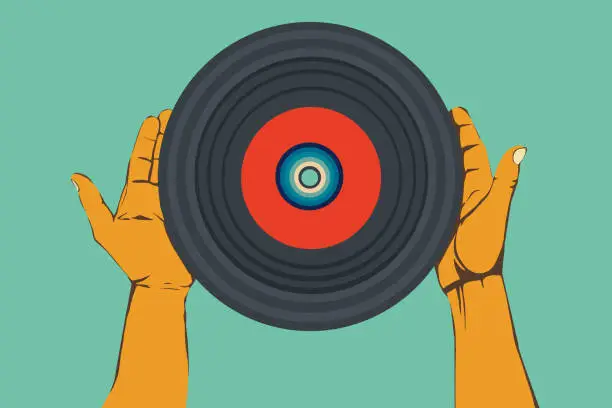 Vector illustration of Male hands hold a retro vinyl record