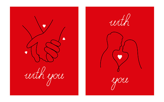 A set of two cards for Valentine's Day. Silhouette of a couple on a red background.