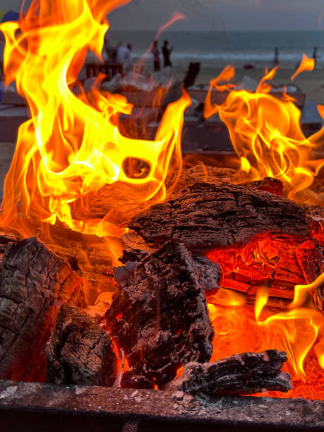 close-up image of roaring, dancing flames, beach barbecue burning wood at dusk, tree branches, logs, outdoor beach restaurant, cushioned sun loungers, people walking barefoot on golden sand at water's edge, waves breaking at low tide, focus on foreground - bonfire beach fire barbecue imagens e fotografias de stock