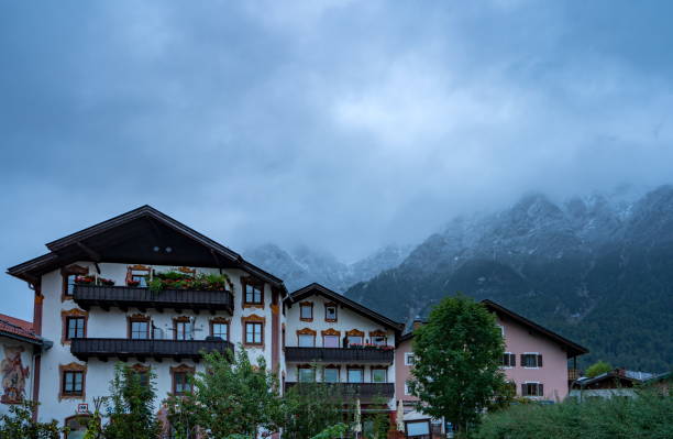 Mittenwald in the Bavarian alps, Germany in September on a rainy day.