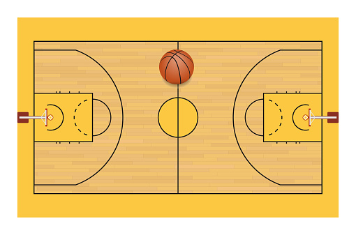 Basketball court floor with markings lines. Sport arena Top view outline. Wood parquet texture background. Vector