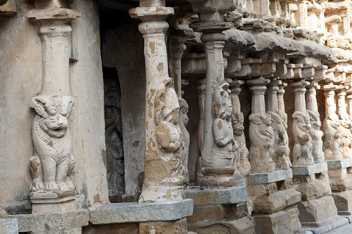 Indian art of Animal relief sculptures carved in sandstone at historic temple.