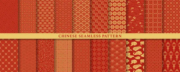 Vector illustration of Chinese golden seamless pattern collection.