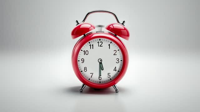 Alarm clock ringing at 5:30 (half-past five) It's ticking quickly  on a white background in the studio lights. The concepts of speed, time, deadline, waking up, stress, bell rings, hour, time lapse, schedule, calendar date, finalize, retro style