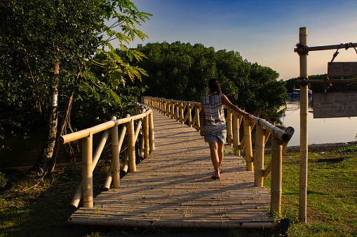 Beautiful woman walking across a bridge made of reed, near a tropical beach surrounded by mangroves.
