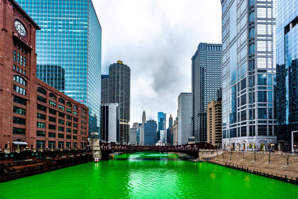 istock Chicago with Chicago River dyed green for St. Patrick's Day 1967663132