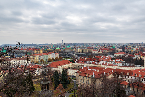 Panoramic view of the medieval city Prague during winter. The weather was cloudy