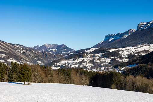 High mountain landscape with sun in the French Alps (La Grave, La Meije)