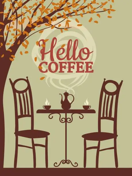 Vector illustration of Poster Hello Coffee street cafe, outdoor, tree, fall mood, night