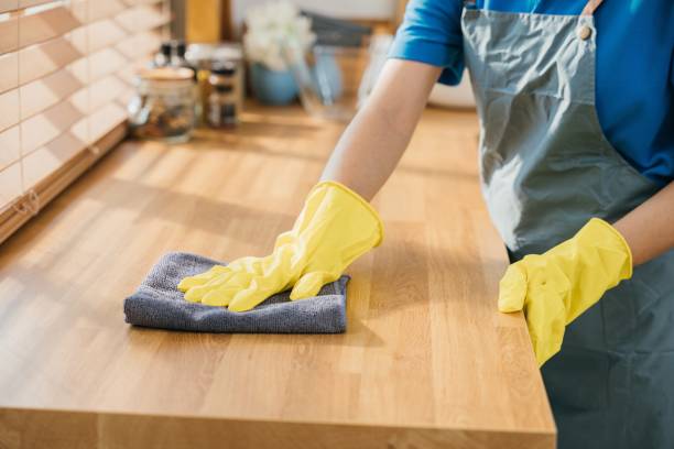 istock Maid in protective glove wipes wood table in cozy kitchen. Using professional cleaning products for perfect home tidiness. Cleaner working safety glove hygiene routine. Maid housekeeping concept. 1967681604