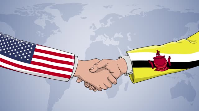 Cooperation between USA and BRUNEI in front of world map. The concept of America, handshake, politics, country flags, celebrate, international friendship relations, diplomats shaking hands, businessman, armed forces agreement, war and peace