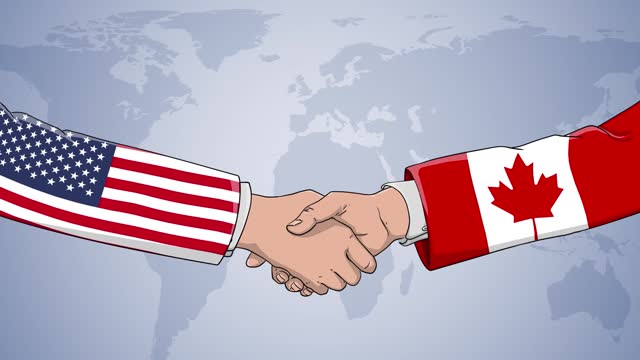 Cooperation between USA and CANADA in front of world map. The concept of America, handshake, politics, country flags, celebrate, international friendship relations, diplomats shaking hands, businessman, armed forces agreement, war and peace