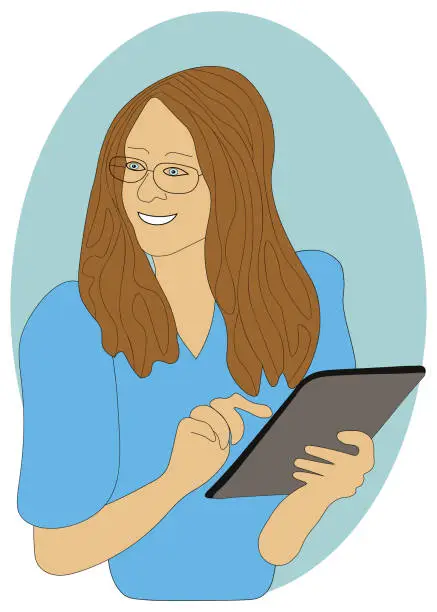 Vector illustration of Young woman with a tablet computer. Vector illustration in cartoon style.