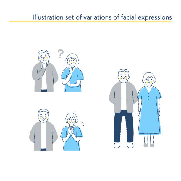 ilustrações, clipart, desenhos animados e ícones de variação das expressões faciais do casal sénior - senior adult retirement question mark worried