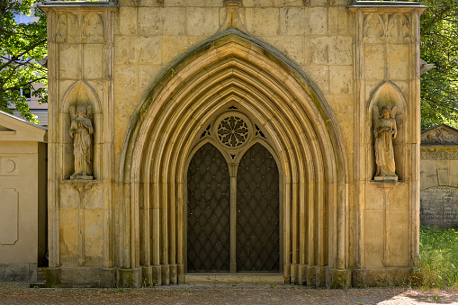 Neo-Gothic mausoleum, designed by Karl Friedrich Schinkel, with angel statues at the 