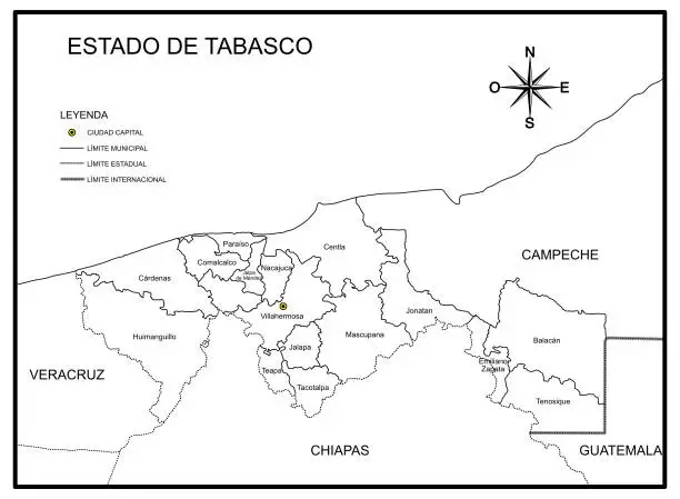 Vector illustration of Map of the State of Tabasco with political division, in Mexico