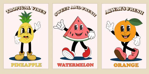 Vector illustration of Retro groovy fruit character. Retro groovy summer posters set. Cartoon summer 60s, 70s stickers, stamps or patches. Vintage fresh fruit mascot. Trendy retro style.