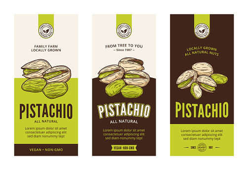 Vector pistachio labels in modern style. Vector pistachio nut illustrations