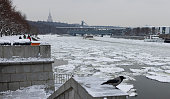Moscow river with blocks of ice and birds