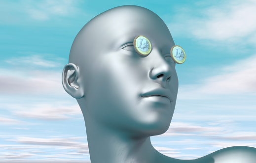 Investor profile looking at the horizon with 1 Euro bills in his eyes. In the past, a deceased person was buried with coins placed over his eyes. / You can see the animation movie of this image from my iStock video portfolio. Video number: 1962282487