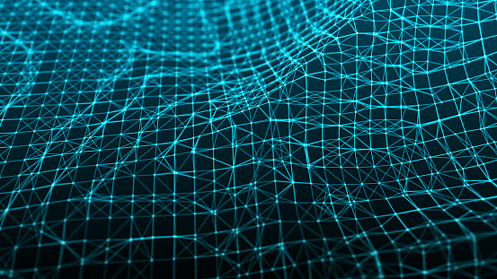 Network of bright connected dots and lines. Wave of gradient dots on black background. Abstract digital background. 3D rendering.