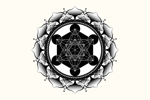 Metatrons Cube, Flower of Life. Sacred geometry, graphic element Vector isolated Illustration. Mystic icon platonic solids, black line art abstract geometric drawing, typical crop circles, white background