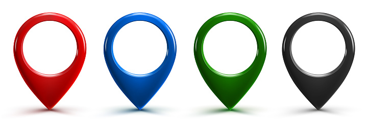 Pin map marker pointer 3d, set red blue green and black GPS location flat symbol, domain marker location - vector