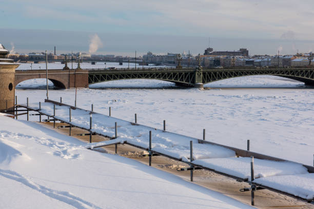 istock Winter landscape, Neva river covered with snow, bridge in background 1967865375