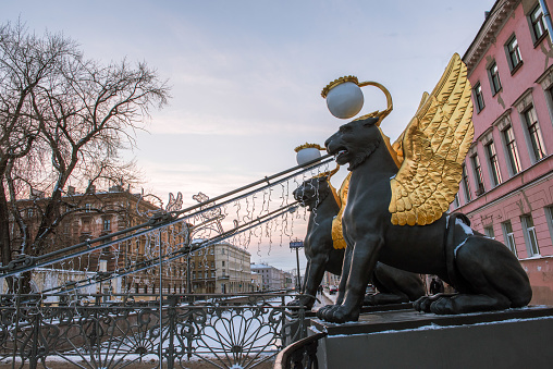 Sculpture of griffons lions on the Bank bridge, Saint-Petersburg, Russia