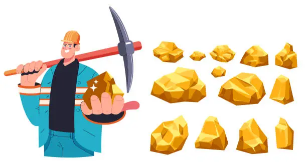 Vector illustration of Miner worker with coal gold isolated concept set. Vector flat graphic design illustration