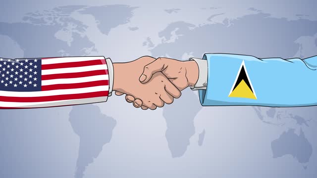 Cooperation between USA and SAINT LUCIA in front of world map. The concept of America, handshake, politics, country flags, celebrate, international friendship relations, diplomats shaking hands, businessman, armed forces agreement, war and peace