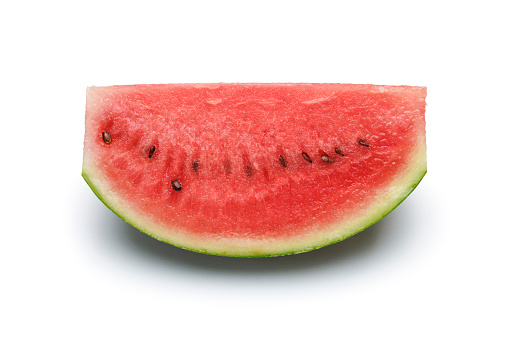 Slices of delicious ripe seedless watermelon on white background