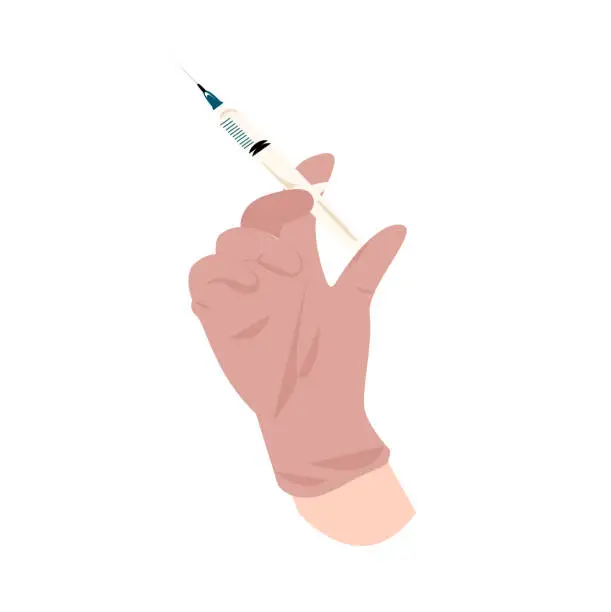 Vector illustration of Syringe in the hand of a doctor. Vector illustration on white background.